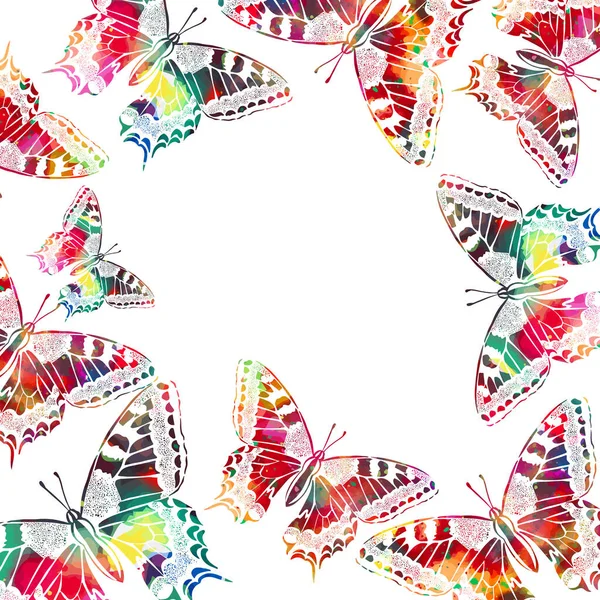 Quadro vertical com borboletas coloridas. Cartão postal com borboletas arco-íris. Meios mistos. Ilustração vetorial —  Vetores de Stock