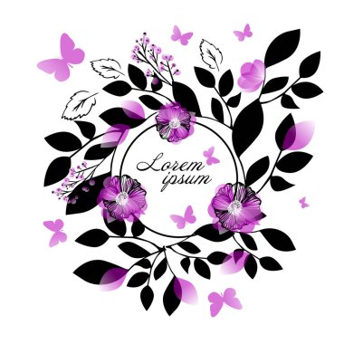 Yapraklı ve çiçekli soyut çerçeve. Vektör illüstrasyonu