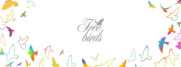 Una bandada de aves voladoras. Marco horizontal de aves coloridas. Medios mixtos. Ilustración vectorial — Vector de stock