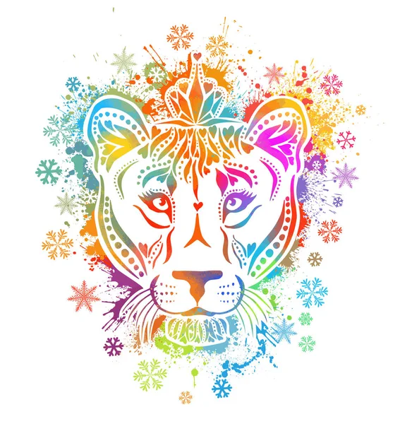 Une lionne multicolore. Le visage du lion est un résumé arc-en-ciel. Illustration vectorielle — Image vectorielle