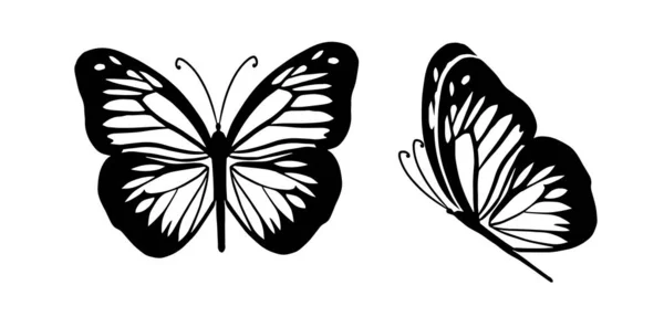 Grafik fliegende schwarze und weiße Schmetterlinge. Vektorillustration. Tropischer Schmetterling auf weißem Hintergrund — Stockvektor