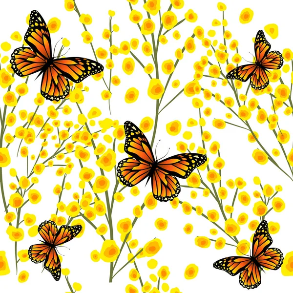 Ramo de mimosa con mariposas. Desde el 8 de marzo. Fondo sin fisuras. Ilustración vectorial — Archivo Imágenes Vectoriales