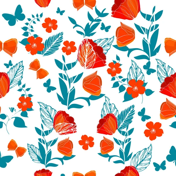 Um fundo sem costura com flores e folhas vermelhas e azuis. Imprima com papoulas e borboletas. Ilustração vetorial — Vetor de Stock
