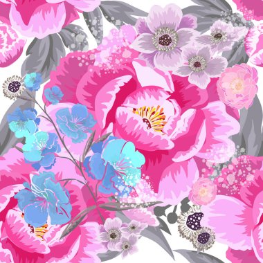 Pembe çiçekleri olan kusursuz bir arka plan. Şakayık tomurcukları. Vektör illüstrasyonu