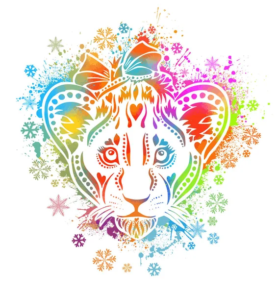 Een veelkleurig leeuwenwelpje. Het gezicht van de leeuw is een regenboog abstract. Vectorillustratie — Stockvector