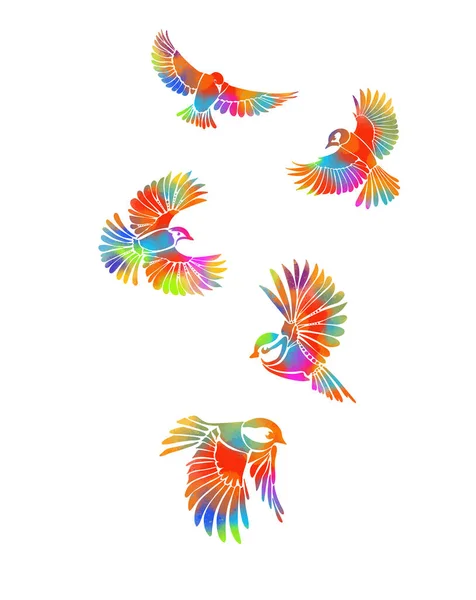 En flerfärgad flygande dekorativa fåglar. Regnbågsstiliserade fåglar. Vektorillustration — Stock vektor