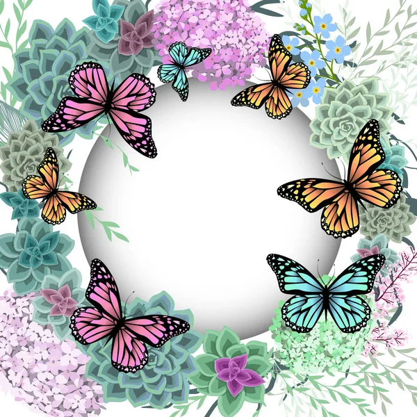 Beau cadre floral avec différentes fleurs et succulents. Carte florale avec des papillons. Illustration vectorielle — Image vectorielle