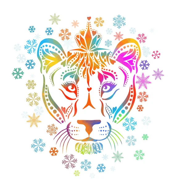 Een veelkleurige leeuwin. Het gezicht van de leeuw is een regenboog abstract. Vectorillustratie — Stockvector