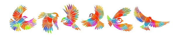Een veelkleurige vliegende decoratieve vogels. Regenboog gestileerde vogels. Vectorillustratie — Stockvector