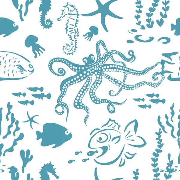 Animales marinos patrón inconsútil azul. Ilustración vectorial — Archivo Imágenes Vectoriales