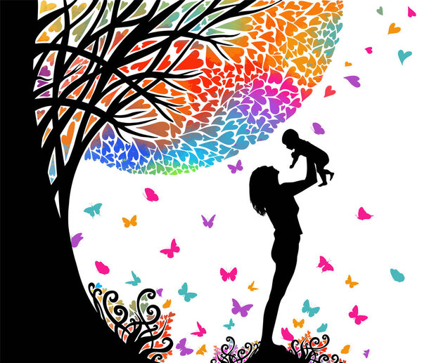 Mother with her daughter in her arms. Mothers Day. Mom teaches the child to walk. Multicolored tree made of hearts. Outdoors. Vector illustration