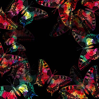 Renkli kelebeklerle çerçevelenmiş. Gökkuşağı kelebekli kartpostal. Karışık medya. Vektör illüstrasyonu
