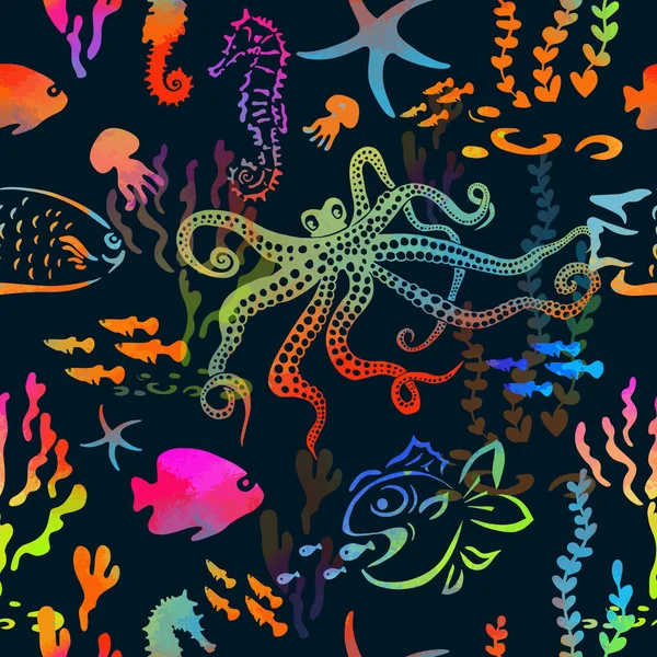 Padrão de animais marinhos sem costura. Meios mistos. Fundo multicolorido. Ilustração vetorial — Vetor de Stock