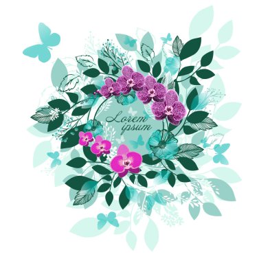 Yapraklı ve orkideli soyut çerçeve. Vektör illüstrasyonu