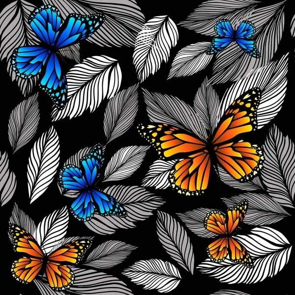 Graphic leaves seamless monochrome pattern with butterflies. vector illustration — Stock Vector