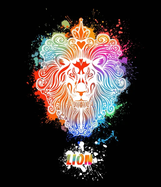 The lion is multicolored from the blots. Lion head symbol logo. Mixed media. Vector illustration — Stock Vector