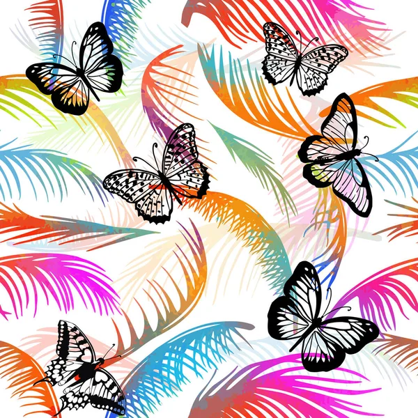 Feuilles de palmier multicolores avec des papillons. Fond sans couture. Illustration vectorielle — Image vectorielle