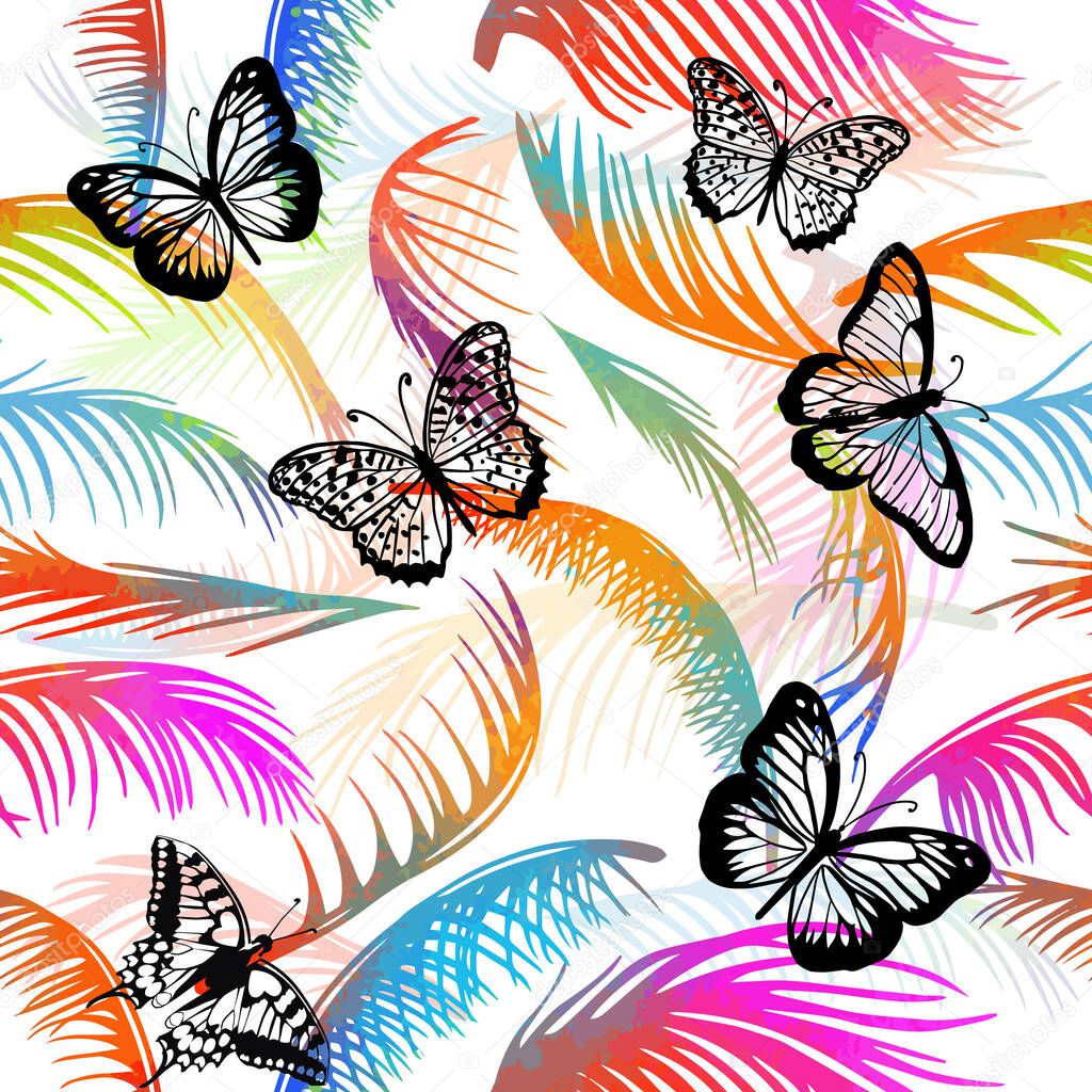 multicolored palm leaves with butterflies. Seamless background. Vector illustration