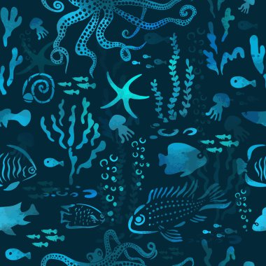 Deniz hayvanları mavi, pürüzsüz desen. Vektör illüstrasyonu