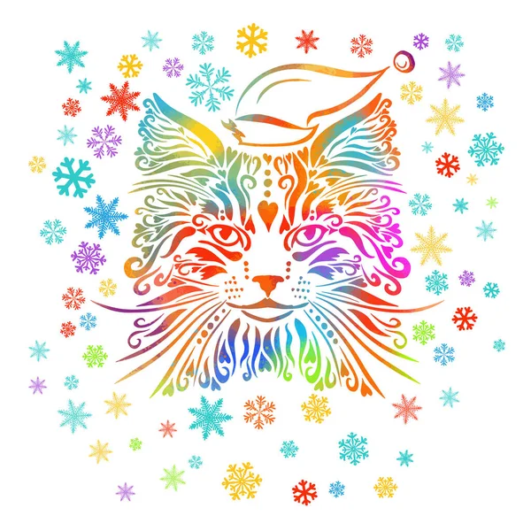 Grafisch gestileerd kattengezicht. Meerkleurige kat met sneeuwvlokken. Vectorillustratie — Stockvector