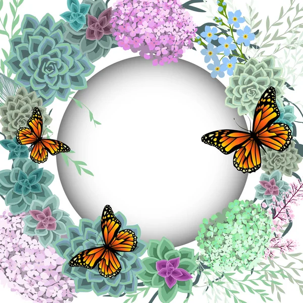 Beau cadre floral avec différentes fleurs et succulents. Carte florale avec des papillons. Illustration vectorielle — Image vectorielle