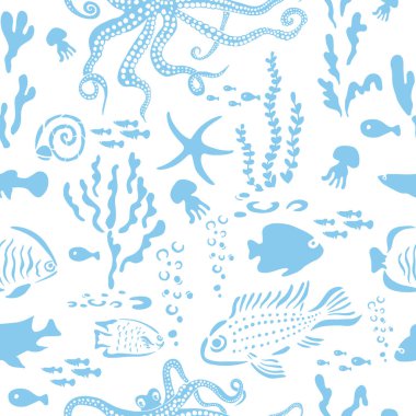 Deniz hayvanları mavi, pürüzsüz desen. Vektör illüstrasyonu