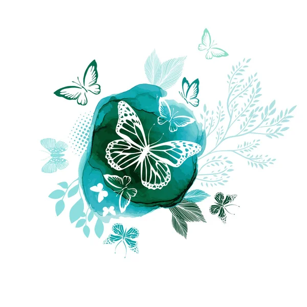Weiße Schmetterlinge auf aquarellgrünem Hintergrund. Vektorillustration — Stockvektor