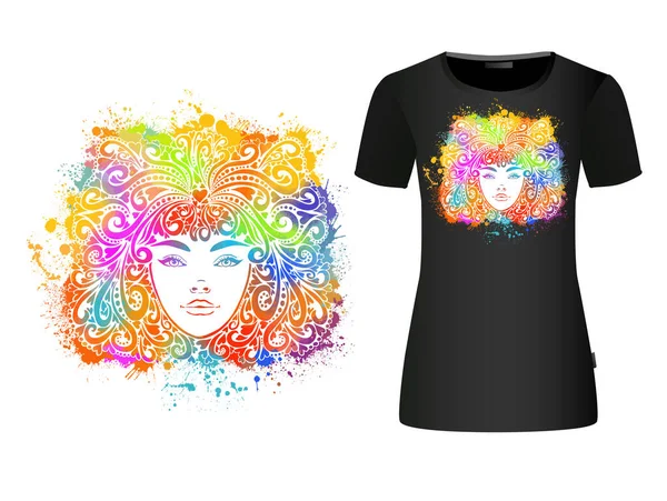 Sign of the virgo zodiac. The colorful face of a beautiful girl. T-shirt printing. Mixed media. Vector illustration — Stock Vector