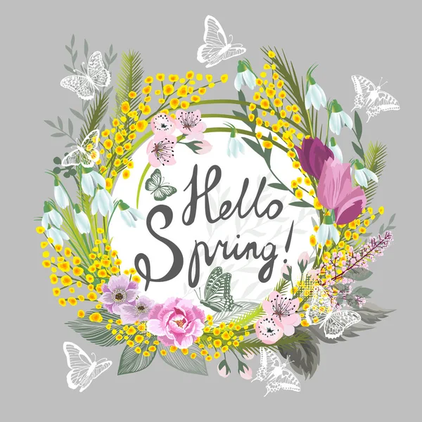 Cartão postal 8 de Março. Mimosa ramos com borboletas. Olá, Spring. Ilustração vetorial —  Vetores de Stock