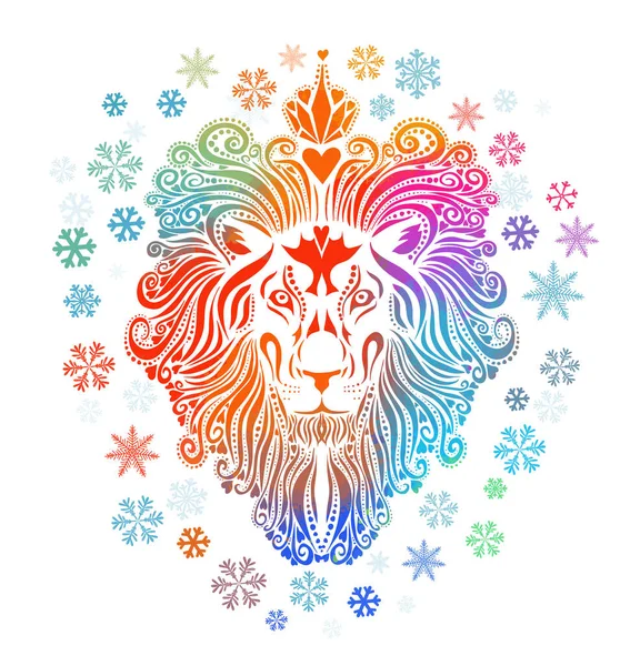 Een veelkleurige leeuw. Het gezicht van de leeuw is een regenboog abstract. Kerstmis. Meerkleurige sneeuwvlokken. Vectorillustratie — Stockvector