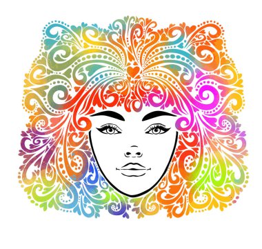 Tam yüzlü güzel bir kızın stilize edilmiş yüzü. Vektör illüstrasyonu