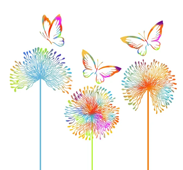 Rainbow Dandelion with butterfly. Vector illustration.