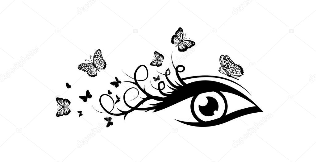 Logo is a beautiful female eye. Lashes with butterflies. Vector illustration