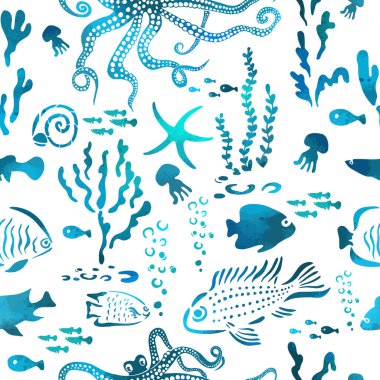 Deniz hayvanları mavi, pürüzsüz desen. Vektör illüstrasyonu