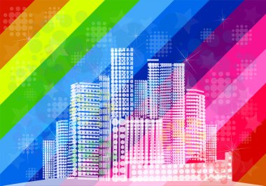 Şehir gökkuşağı arka planında. Vektör illüstrasyonu