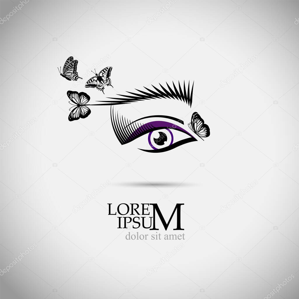 Logo is a beautiful female eye. Lashes with butterflies. Vector illustration