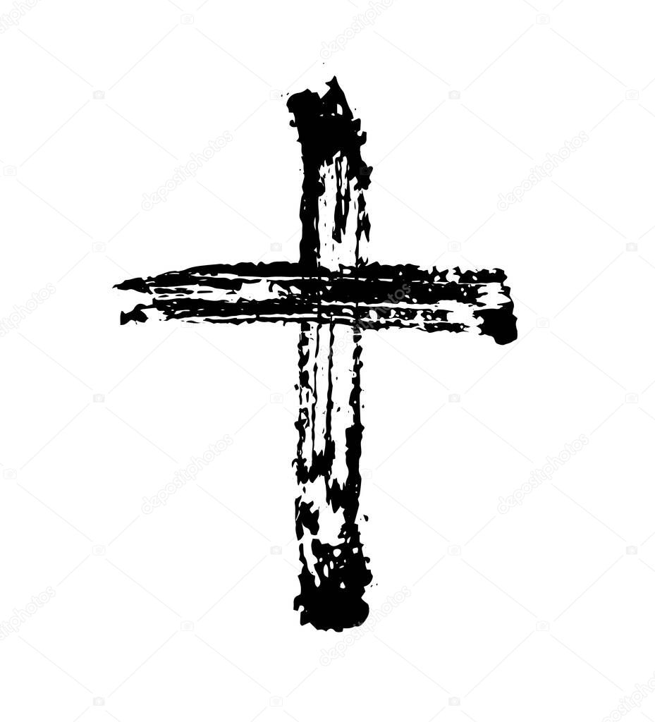 Vector banner or illustration on the religious theme. Abstract black cross with splashes, drips and inscription INRI