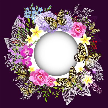 Pembe çiçekli güzel bir çiçek çerçevesi. Vektör illüstrasyonu