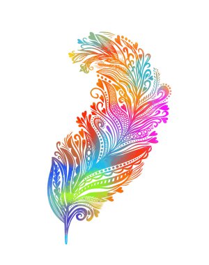 Kuşun tüyü desenlerden dekoratif. Kuşun çok renkli tüyü çok güzel bir şeydir. Vektör illüstrasyonu