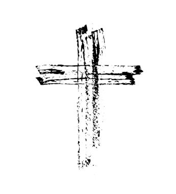 Dini tema üzerine vektör pankartı veya illüstrasyon. Su sıçramaları, damlalar ve yazılarla soyut siyah haç