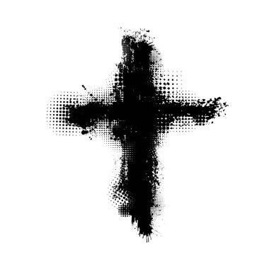 Dini tema üzerine vektör pankartı veya illüstrasyon. Su sıçramaları, damlalar ve yazılarla soyut siyah haç