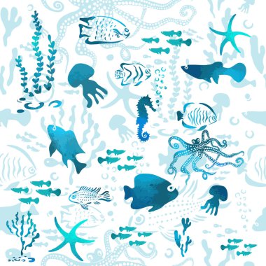 Deniz hayvanları mavi, pürüzsüz desen. Vektör illüstrasyonu