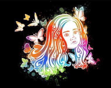 Kelebekli güzel bir kızın yüzü. Vektör illüstrasyonu