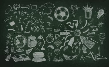 Okula dönelim. Okul yönetim kuruluna tebeşir çizimi. Okul eşyaları takımı. Vektör illüstrasyonu