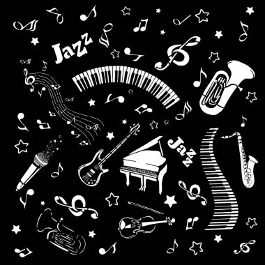 Müzik enstrümanlarıyla tek renkli arka plan. Vektör illüstrasyonu