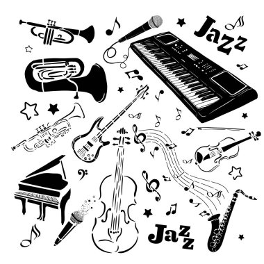 Müzik enstrümanlarıyla tek renkli arka plan. Vektör illüstrasyonu