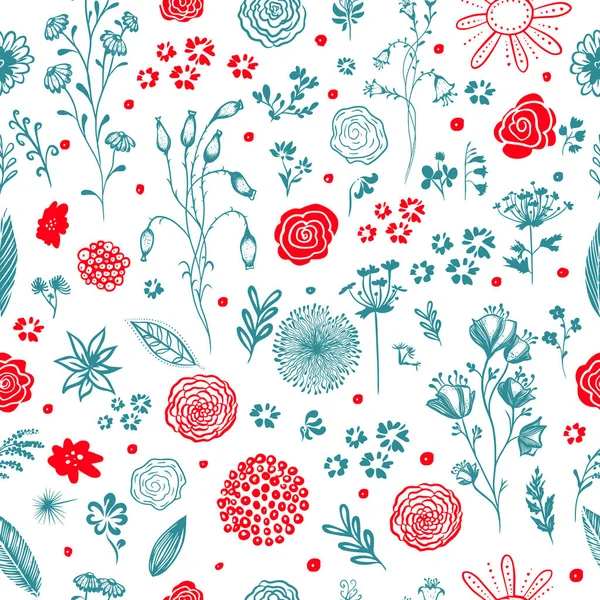 Bakgrund sömlös textur av vackra röda och blå blommor. Vektorillustration — Stock vektor