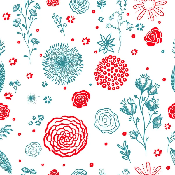 Bakgrund sömlös textur av vackra röda och blå blommor. Vektorillustration — Stock vektor