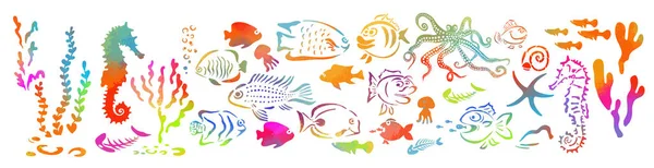 Conjunto de vida marina multicolor. Ilustración vectorial del conjunto de criaturas marinas — Vector de stock