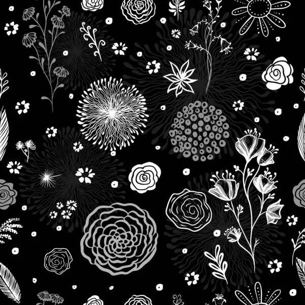 Fondo monocromo textura sin costuras de hermosas flores. Ilustración vectorial — Vector de stock